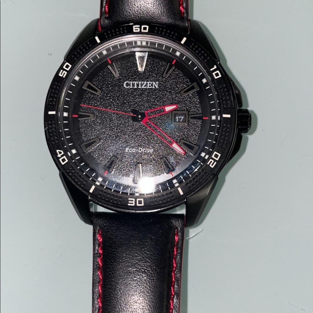 Citizen eco-drive men’s watch, red & black.